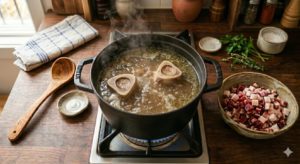 Una olla de hierro fundido con un caldo de hueso de jamón, y junto a ella un cuenco con dados de tocino y jamón.