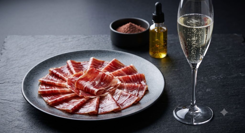 Plato de jamón junto con una copa de cava y sal de jamón